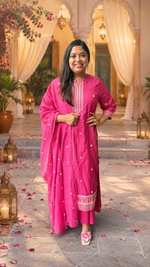 Pure Banarasi handcrafted mulchanderi layered gown with dupatta in Rani pink
