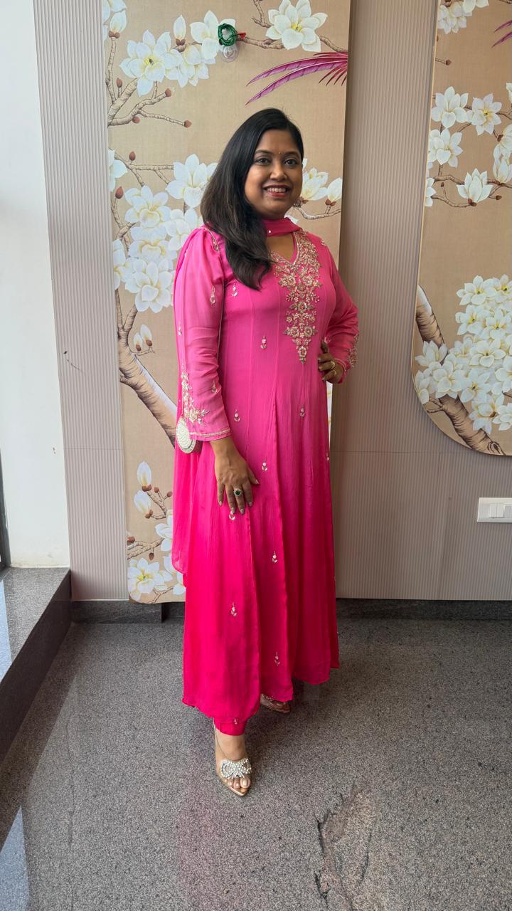 Restocked! Pure chinon ombre full handwork gorgeous Anarkali suit set in pink! Dispatch on Monday