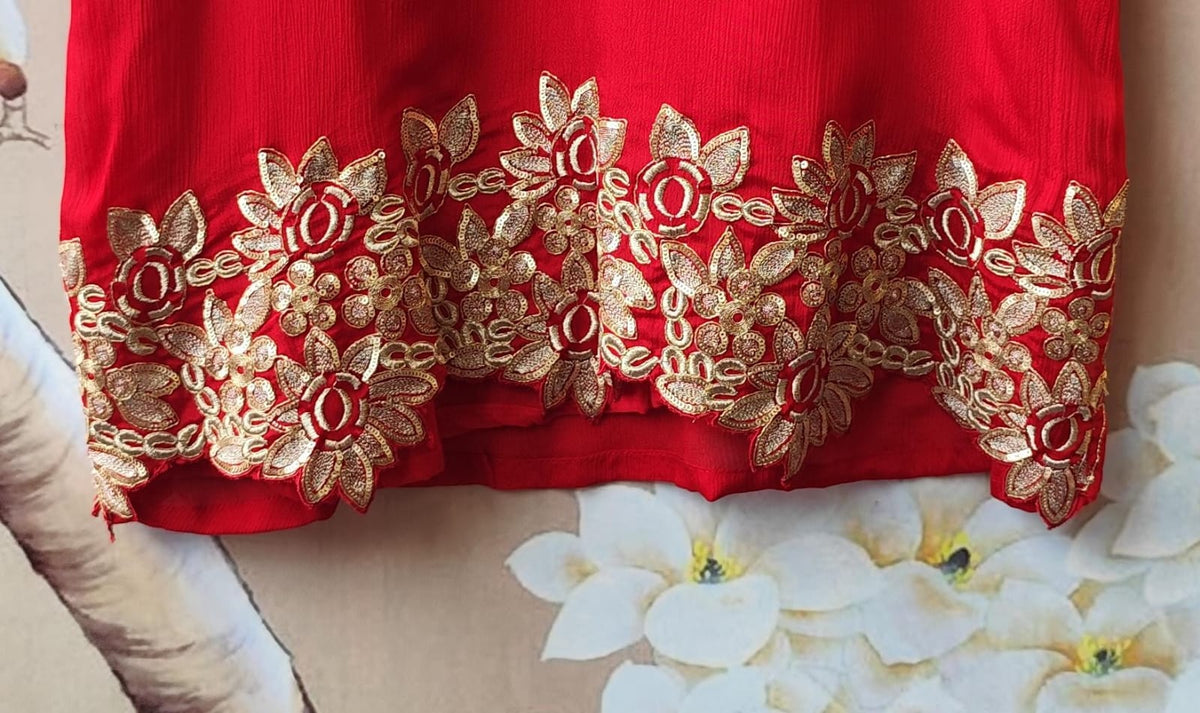 Premium chinon zari applique suit set in red