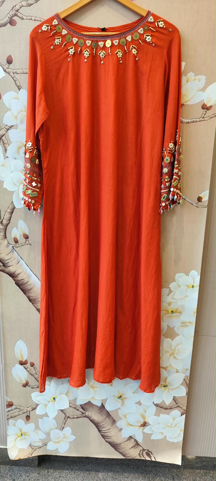 Super pretty handwork Mul chanderi suit set in orange