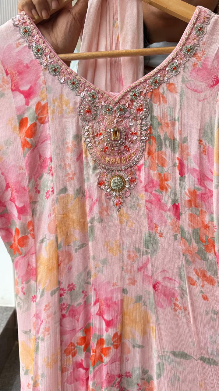 Premium chinon handwork Anarkali suit set with lining in pink