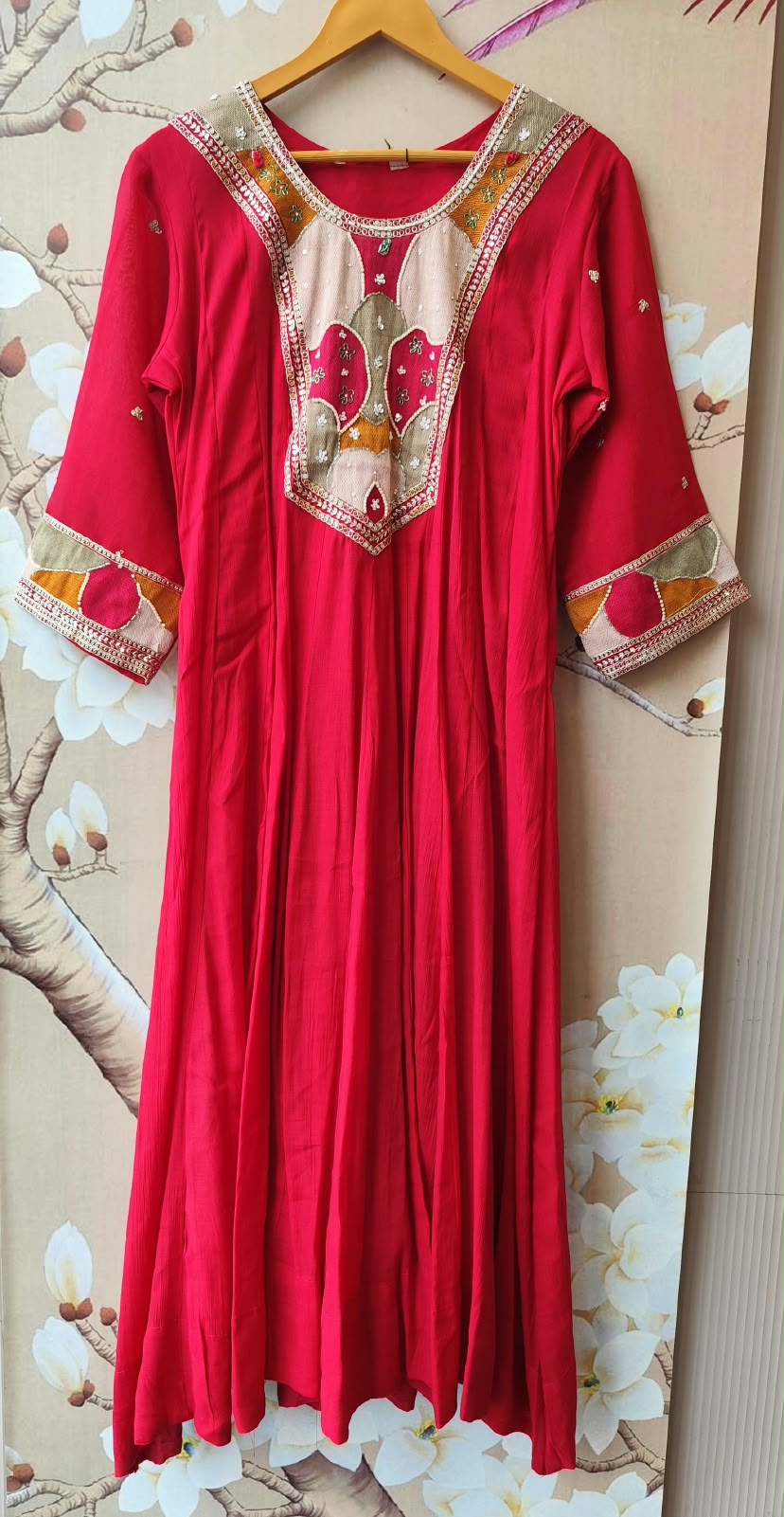 Pretty Mul chanderi in red with applique embroideryFull suit