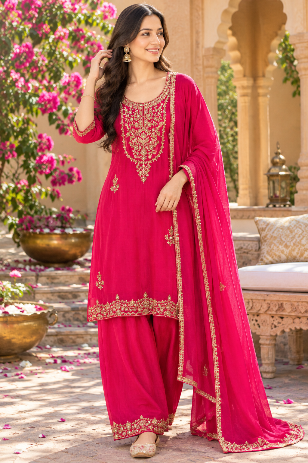 Premium chinon hand work suit in pink