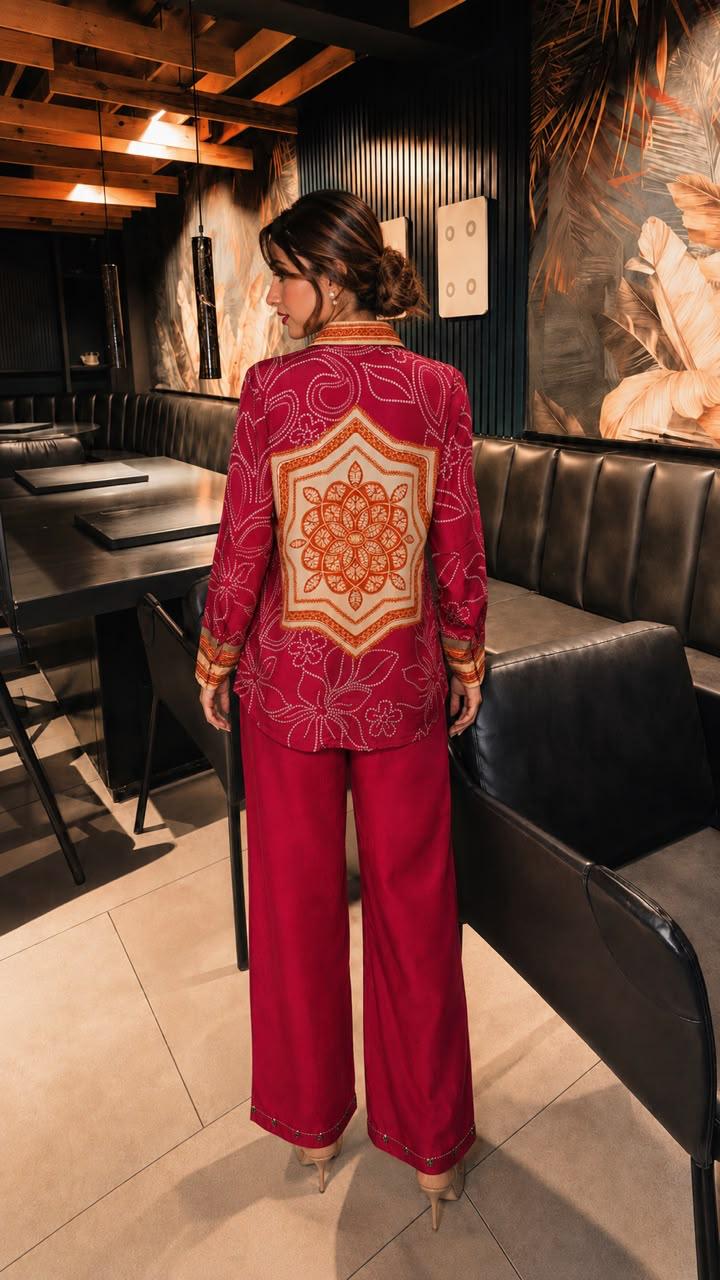 Pure crepe bandhani with designer back co ord in Rani pink
