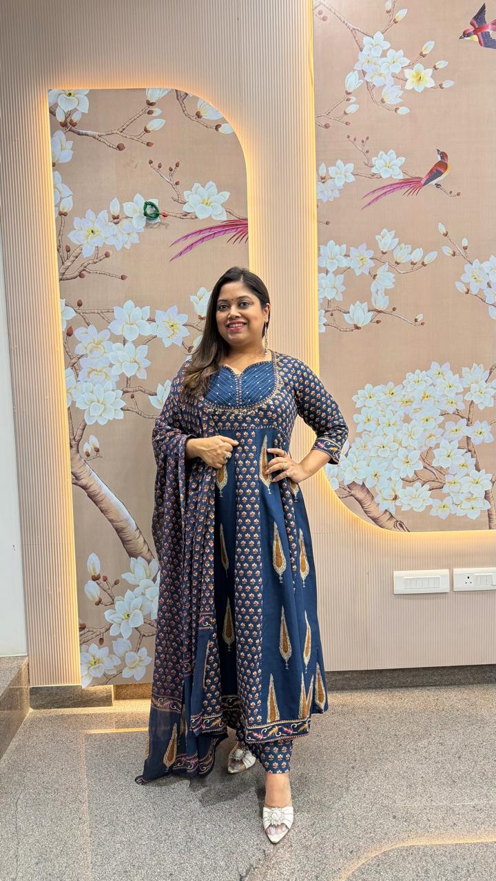 Pure cotton designer Anarkali suit set in blue