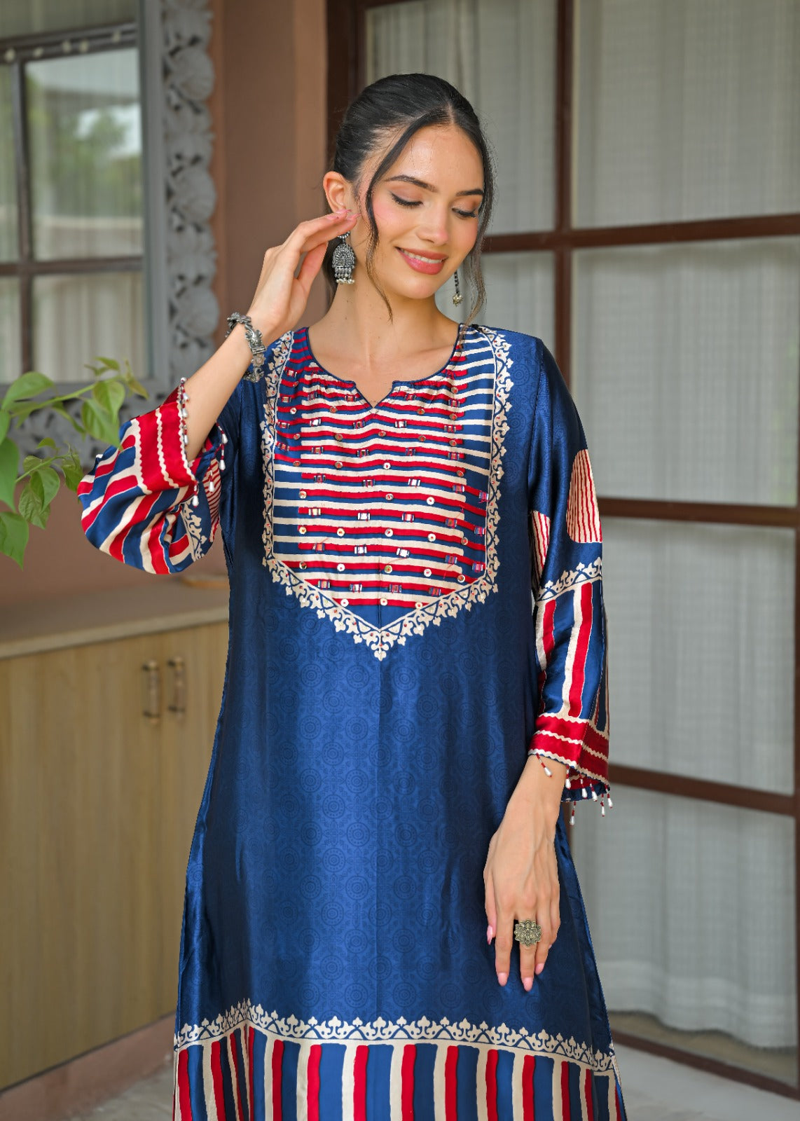 Premium gaji silk kurta pant in blue with coin detailing
