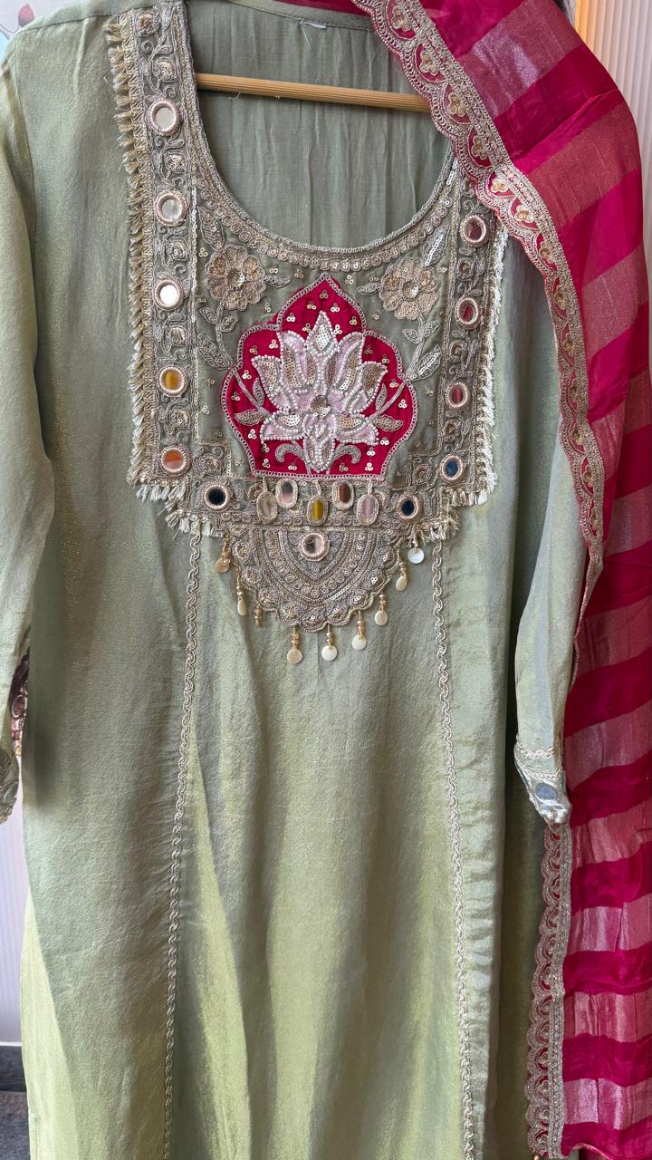 Super gorgeous tissue (slim fit) in green suit set with real mirror n pearl detailing suit set