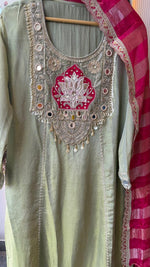 Super gorgeous tissue (slim fit) in green suit set with real mirror n pearl detailing suit set