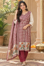Soft chanderi silk printed back full suit set in red