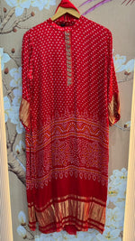 Pure gaji silk lakri patta on sleeves and dress in red bandhani