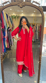 Premium georgette gotta detailing perfect red karwa suit set