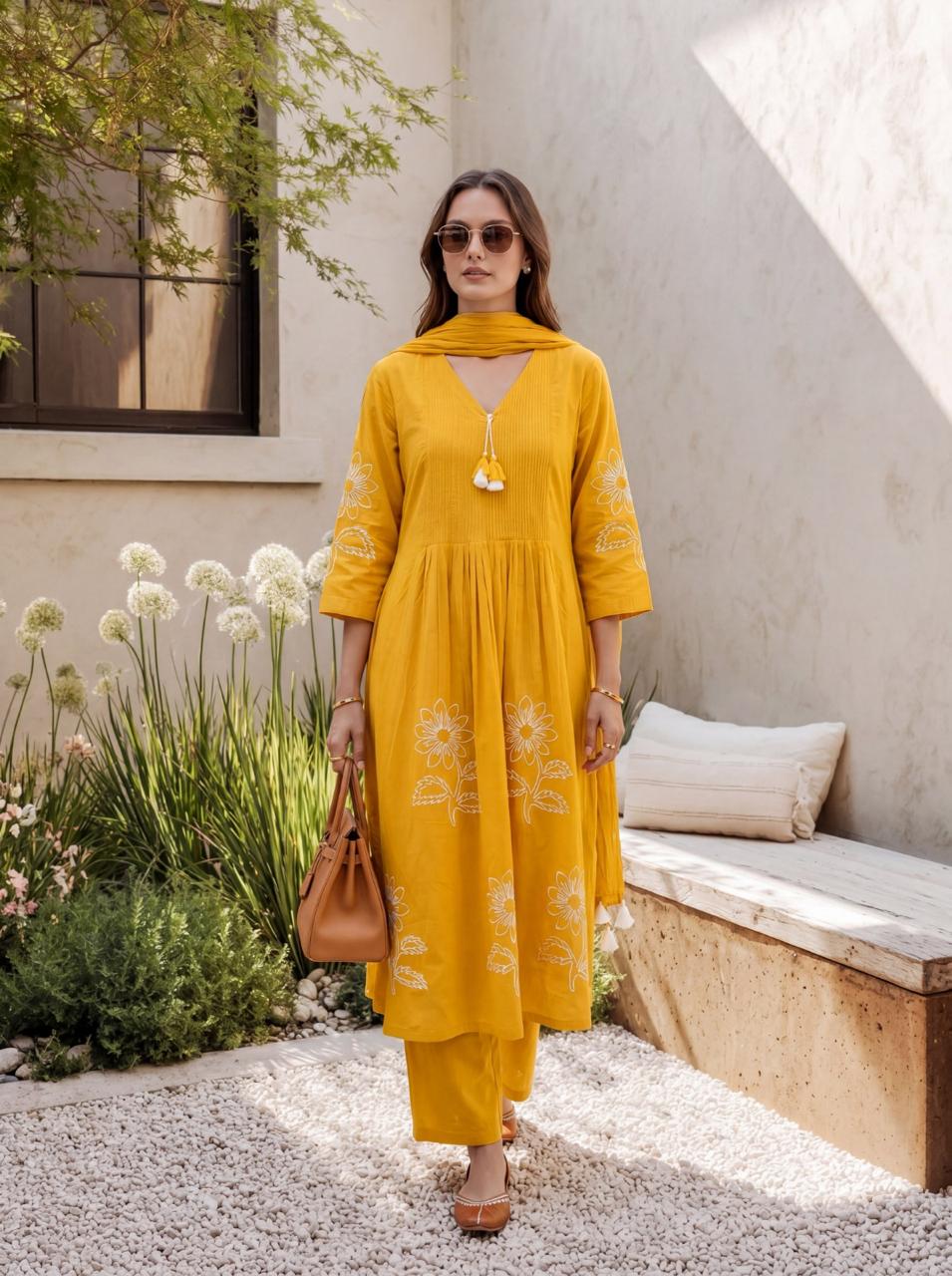 Wow designer embroidered yellow cotton suit set