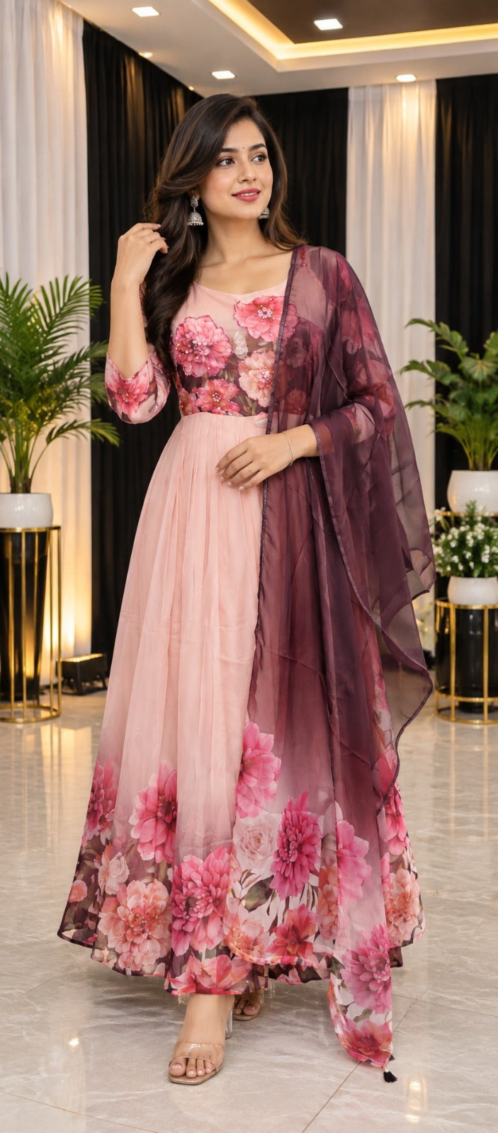 Pretty shiffon digital print full suit set in pink n brown