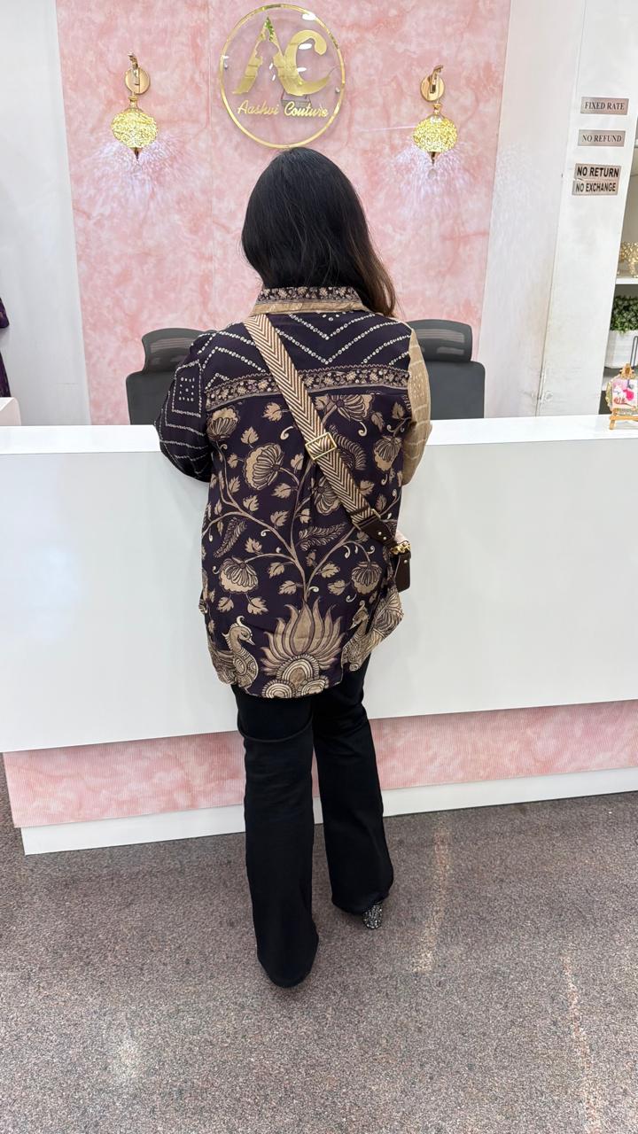 Premium natural crepe Kalamkari bandhani shirt in purple