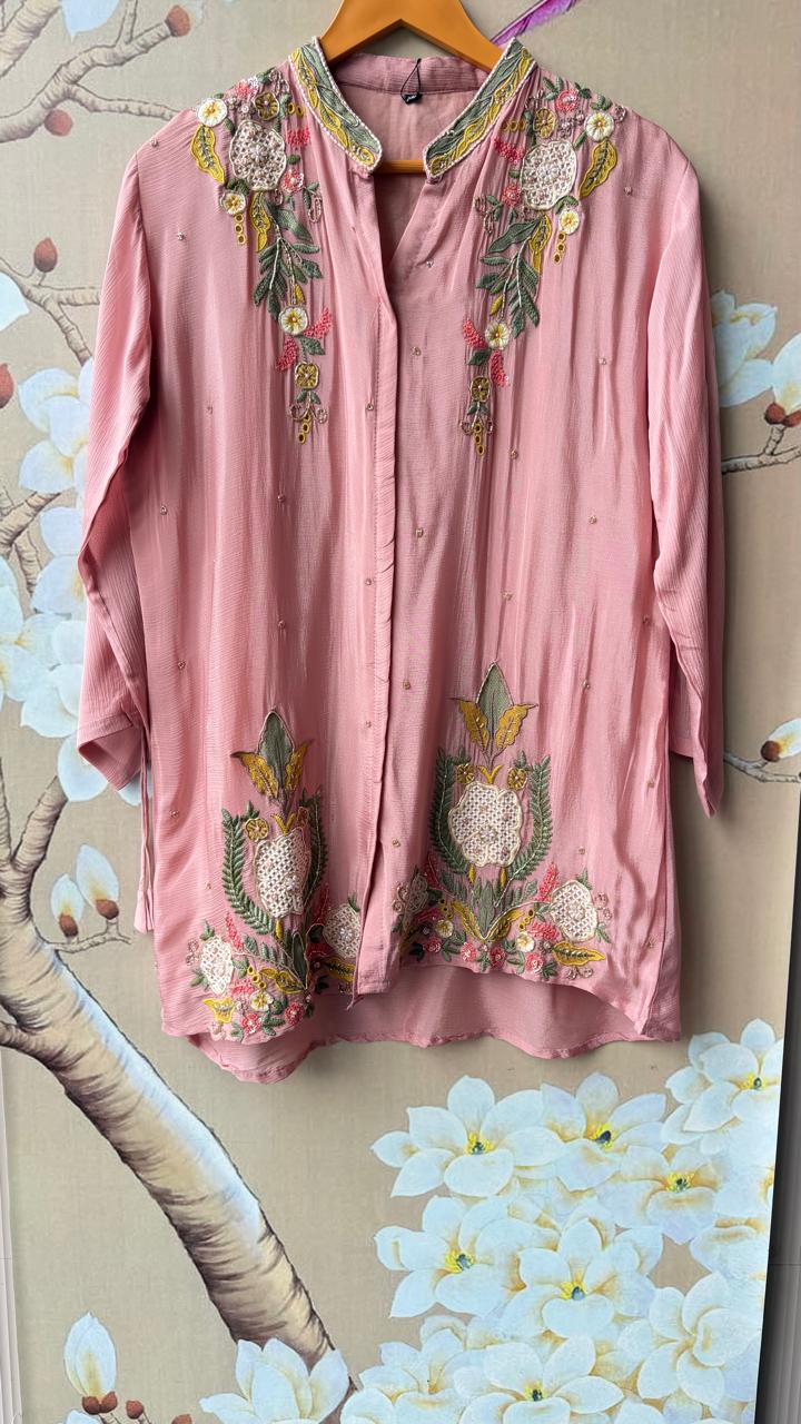 Premium chinon hand work Co ord in pink