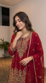 Royal Premium glass tissue handwork plaazo suit in red