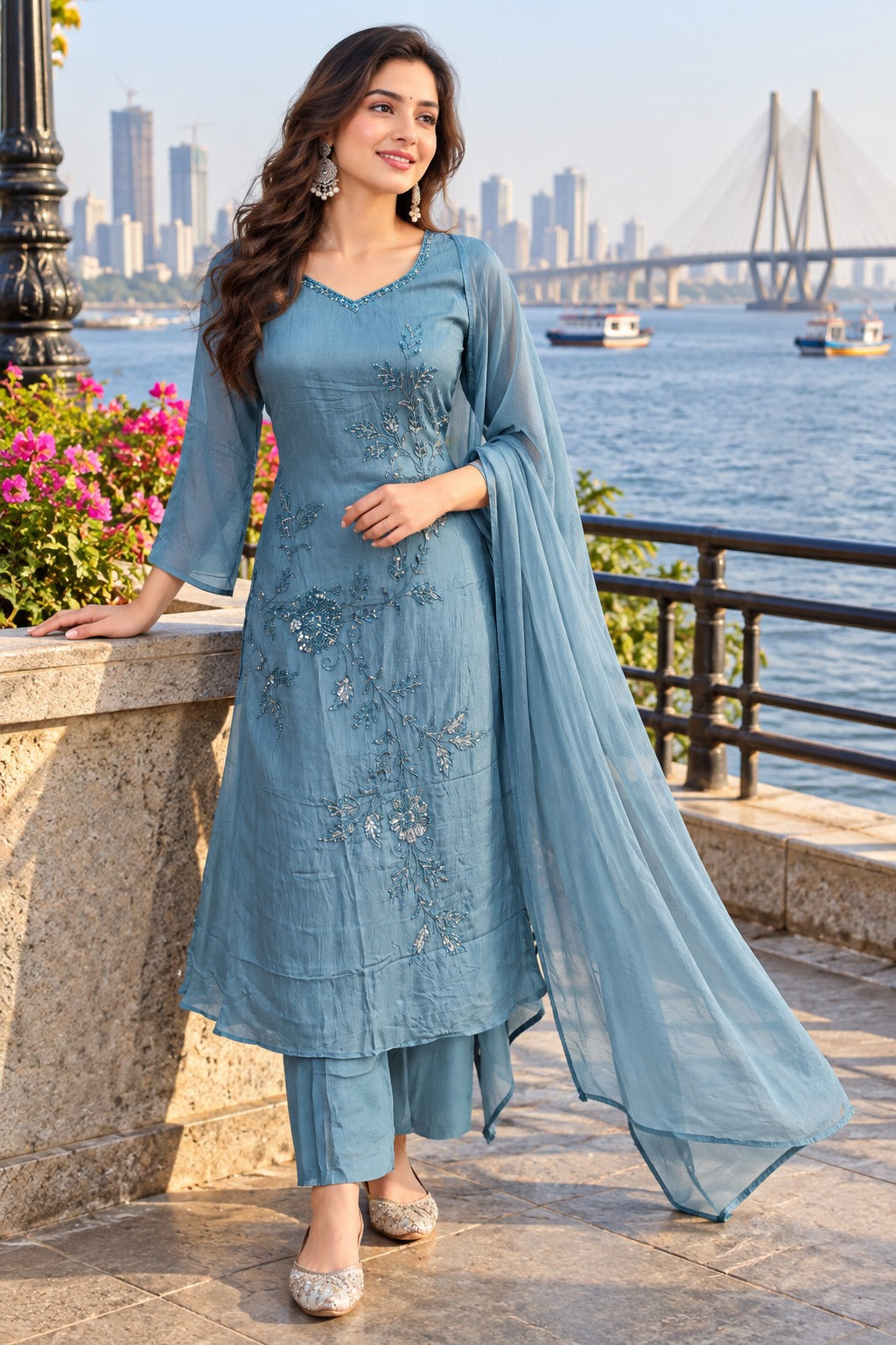 Premium chinon handwork suit set in blue