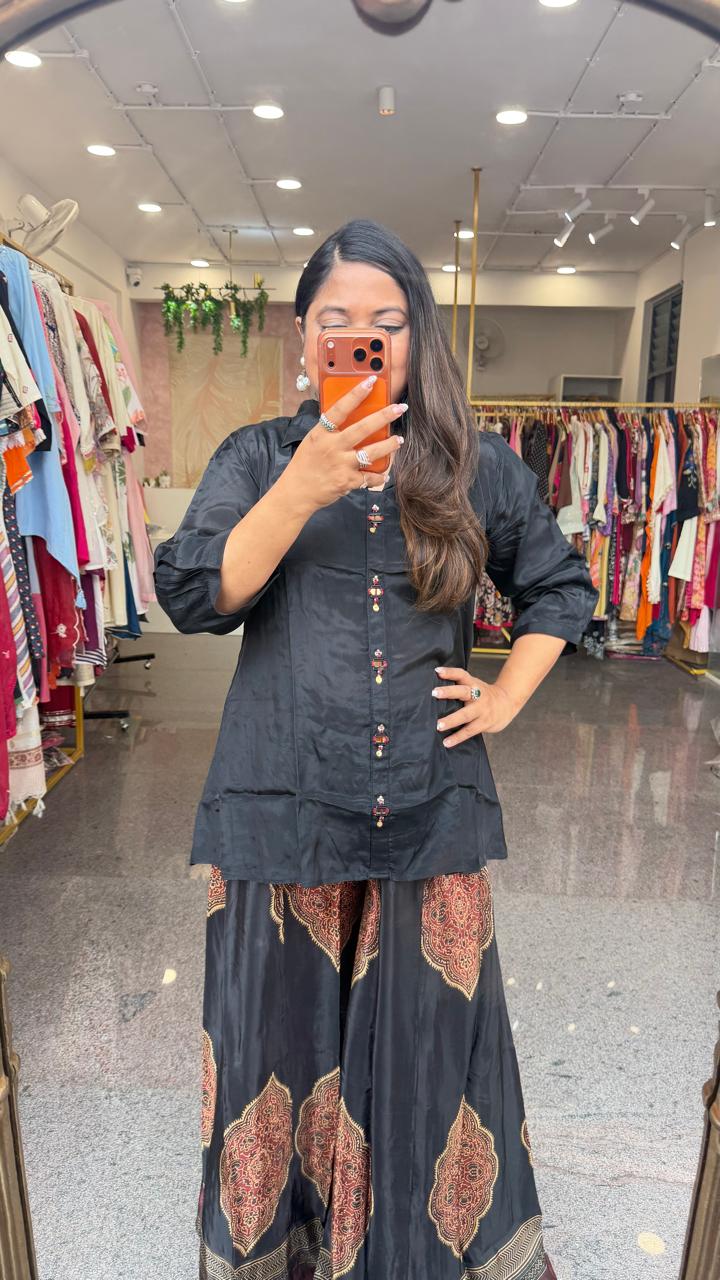Pure crepe designer mirror buttons shirt and plazzo pants