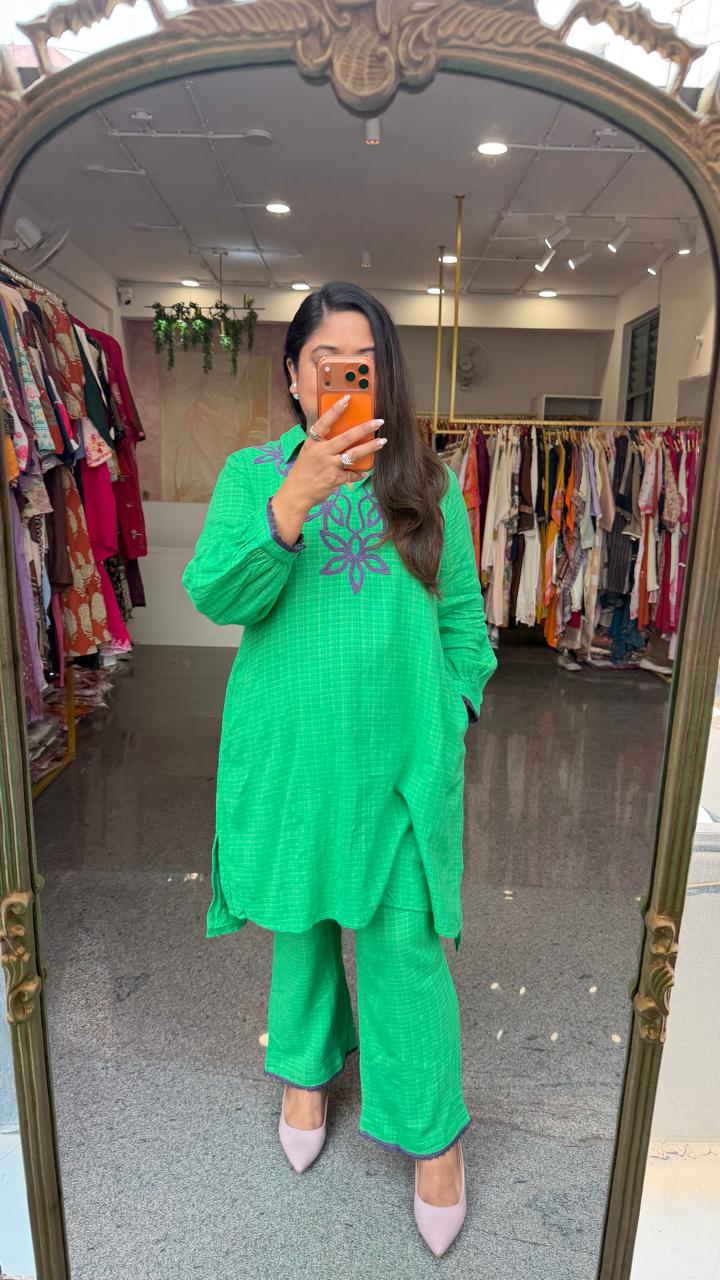 Applique work textured cotton co ord in green