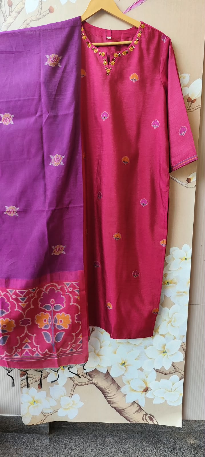 Red n purple jamdani weaved suit set