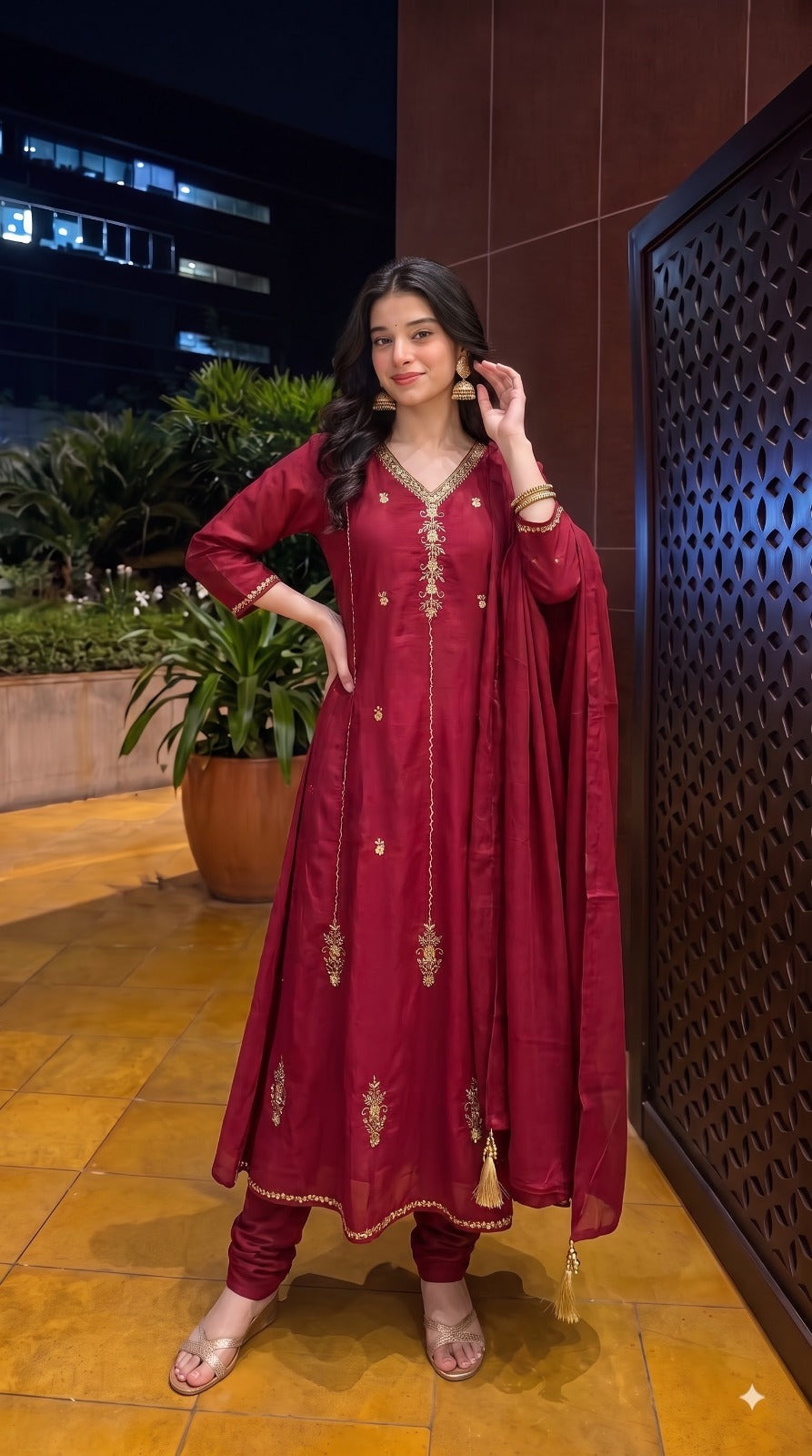 Pretty maroon handwork A line Mul chanderi suit set