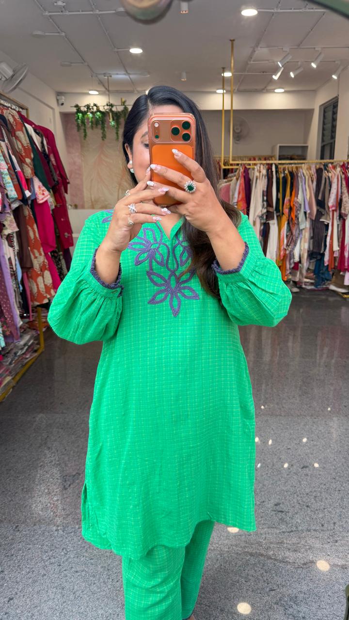 Applique work textured cotton co ord in green