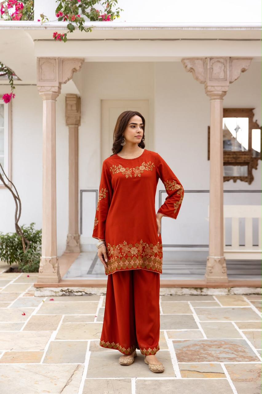 Pretty slub cotton embroidered plazzo set in rust
