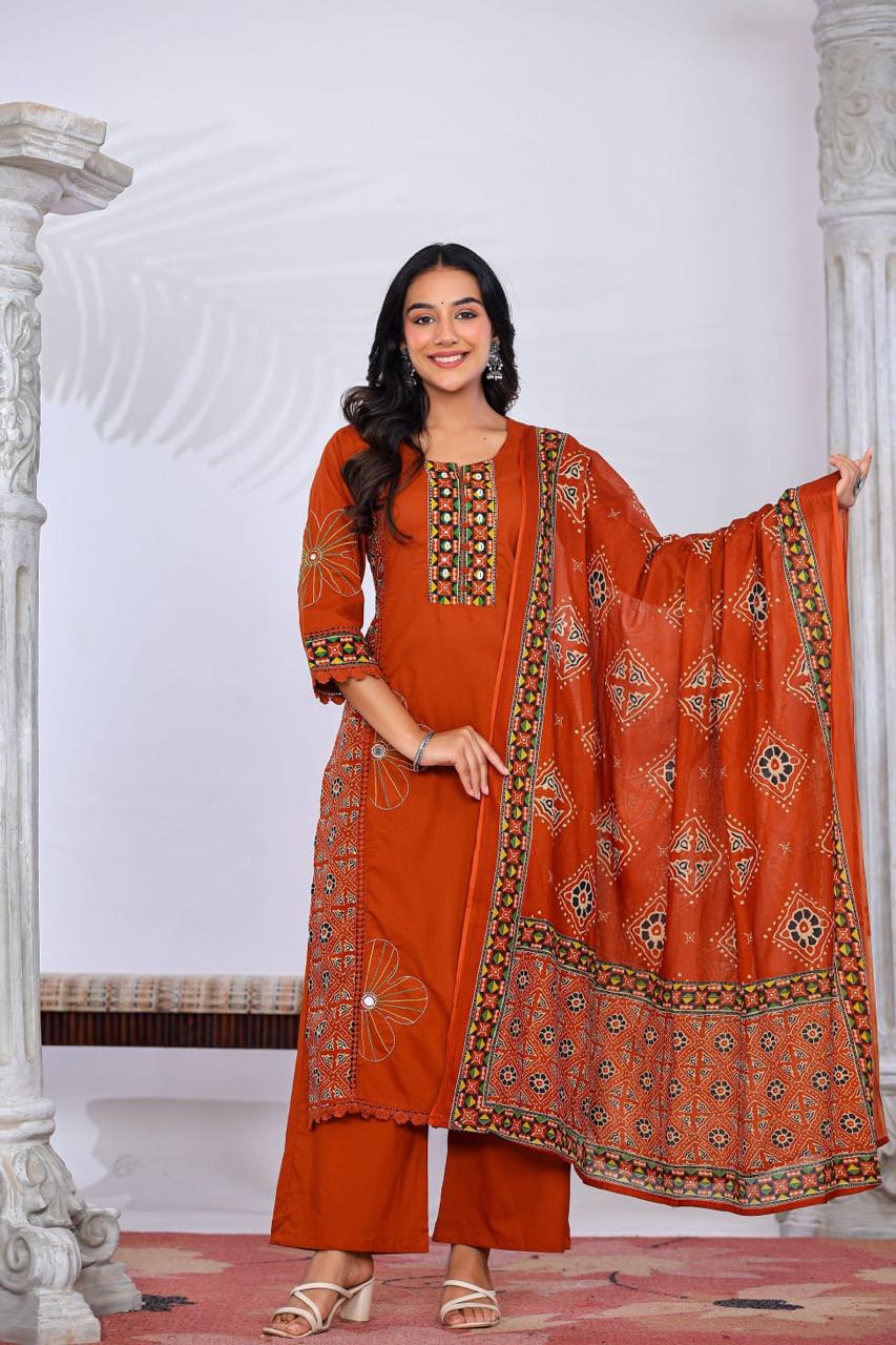Super pretty ajrakh cotton suit set in orange