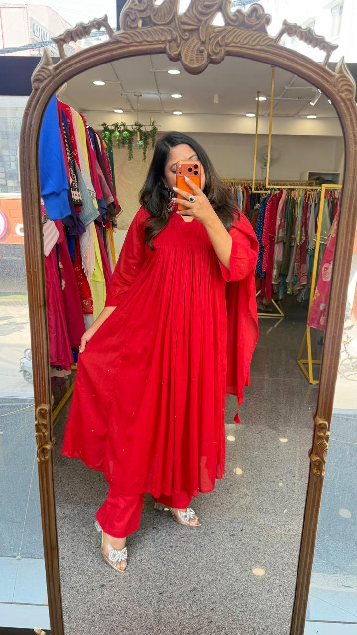 Restocked !! Pure Mul cotton with lining and pocket suit set in red !! Dispatch next week