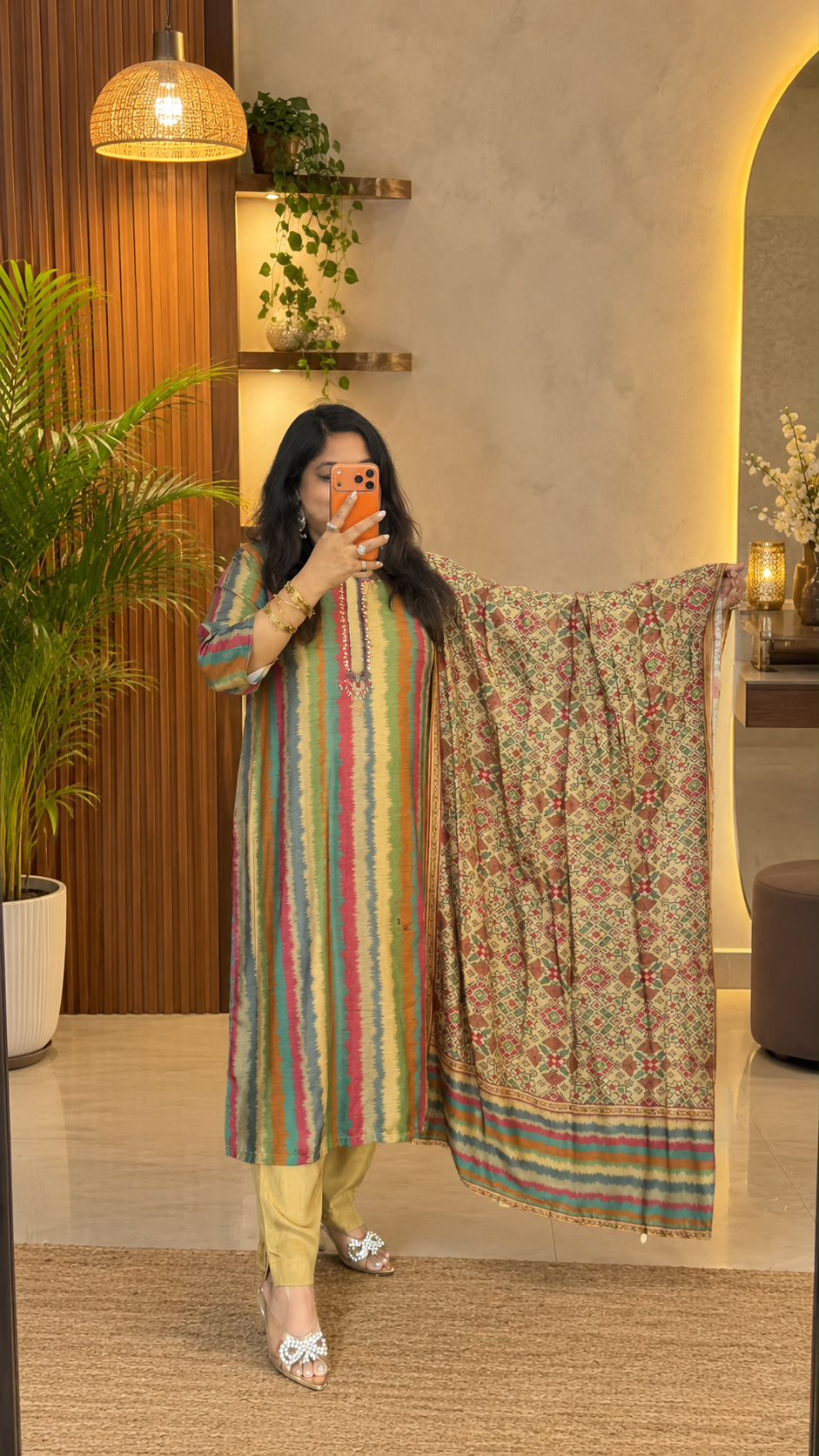 Premium Russian silk multi suit set paired with kalamkari dupatta