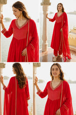 Pretty red Mul chanderi lining suit set