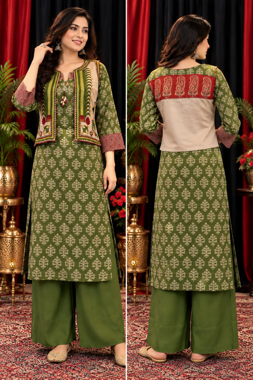 Pretty Surat mulchanderi embroidery jacket kurta pant in green