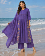 Smart cotton embroidered pintex detailing suit set in purple