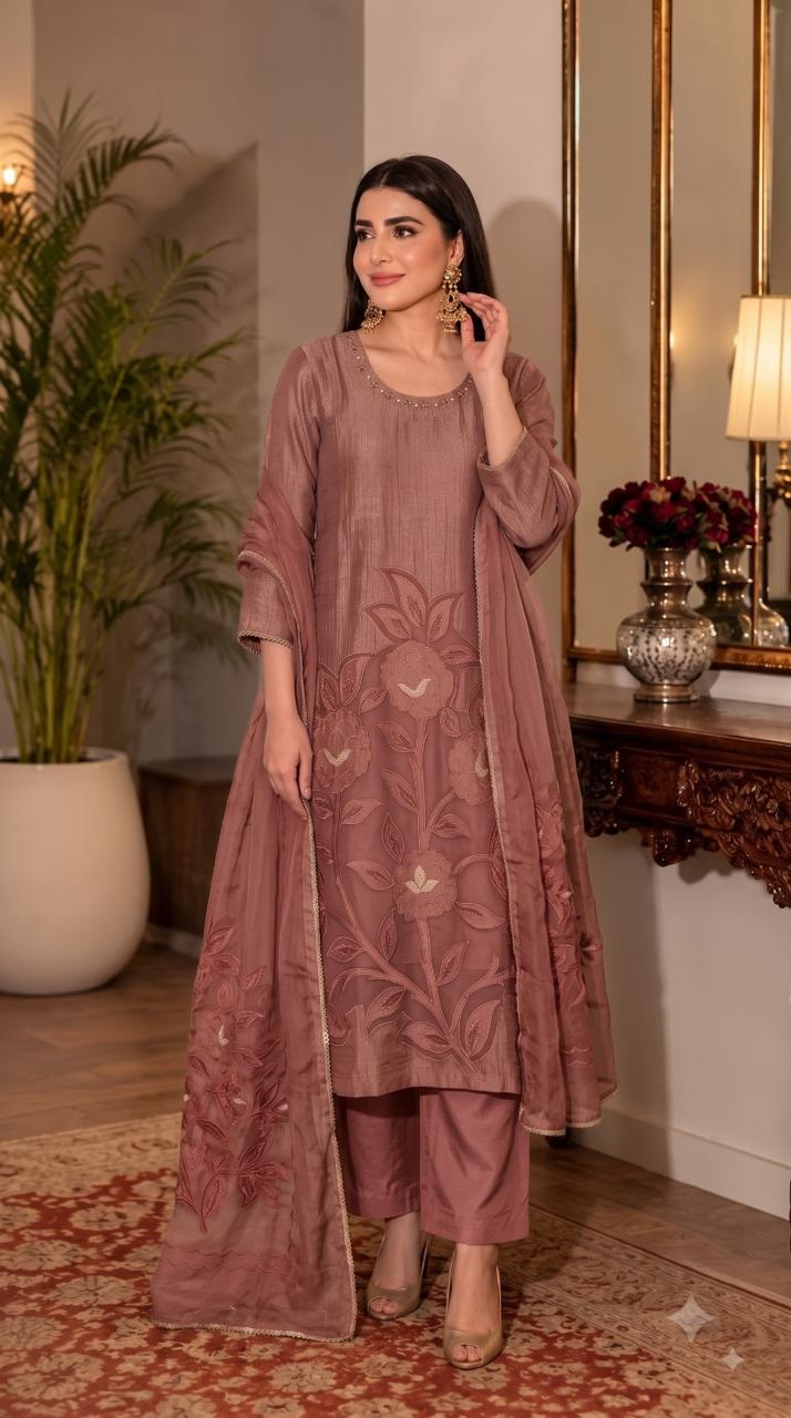 Pretty tissue cutwork suit set in onion pink