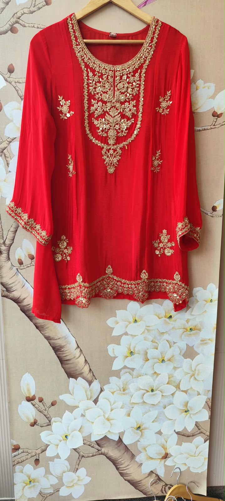 Premium chinon hand work suit in red