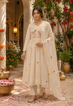 Pretty mulchanderi fully embroidered suit set in cream (Slim Fit)