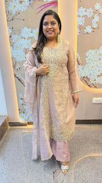 Premium handwork detailing suit set in salsa tissue in baby pink (loose fit )