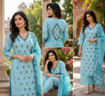 Designer back and fully embroidered Modale suit set in blue