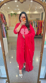 Mul cotton embroidered lining suit set set with pocket in red