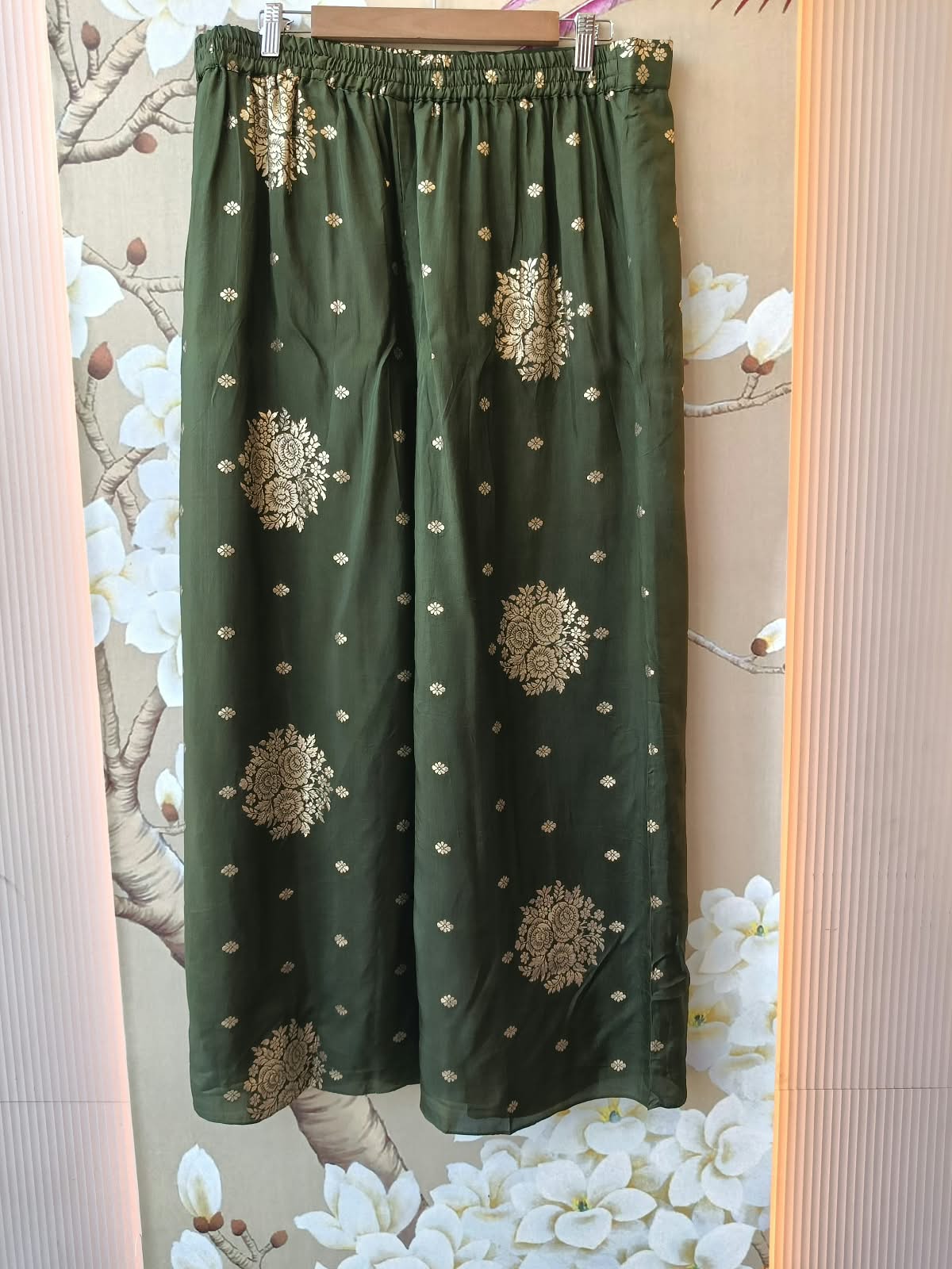 Pretty chinon hand word kaftan paired with brocade plazzo pants in green