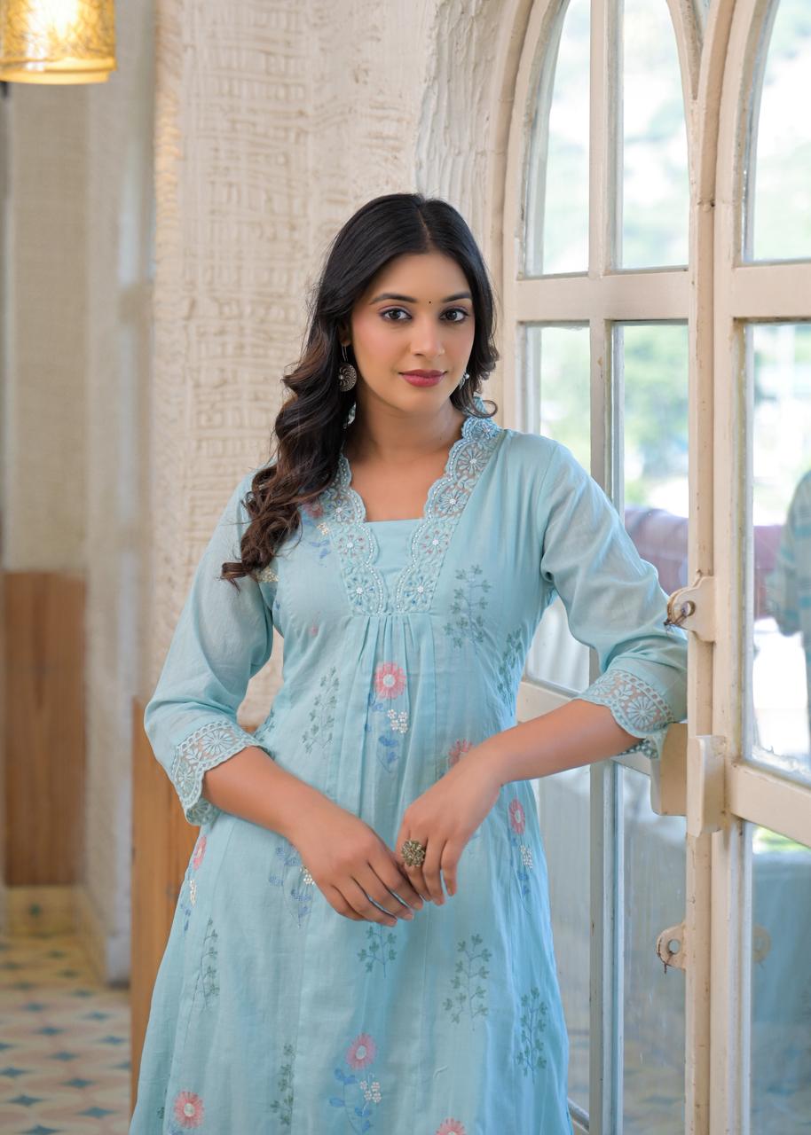 Smart embroidered ice blue kurta pant