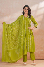 Aangrakha pattern embroidered pure cotton full suit set in green