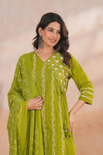 Aangrakha pattern embroidered pure cotton full suit set in green