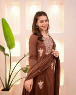 Brown embroidered cotton suit set with lining