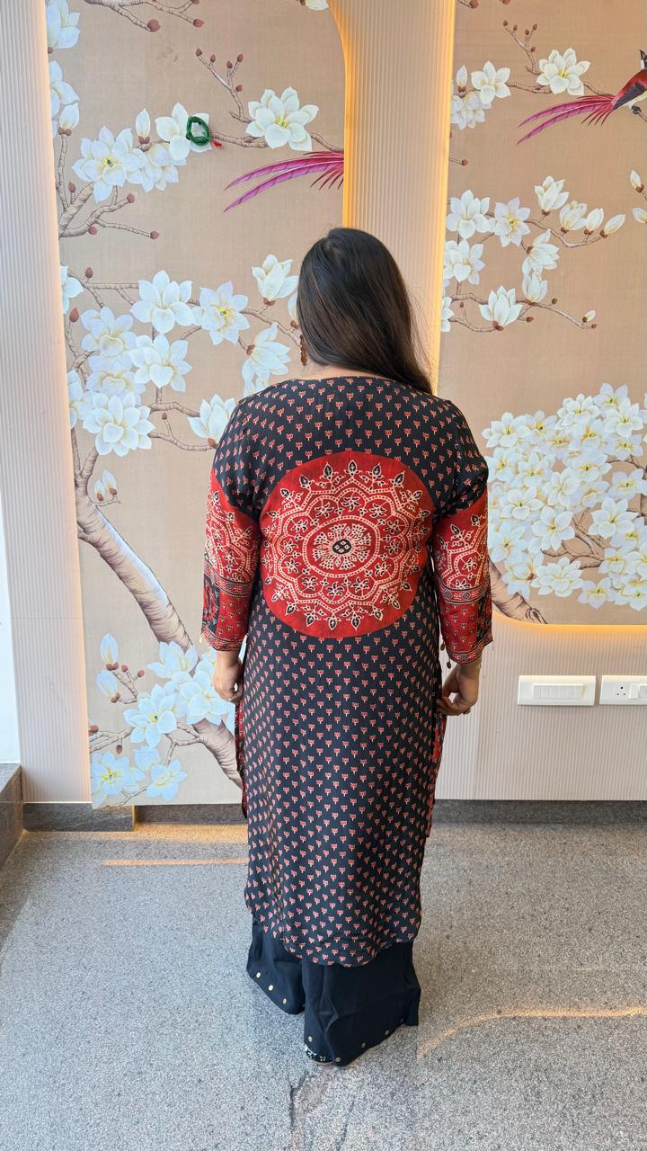 Premium ajrakh pure crepe desiner front n back kurta pant in red n black