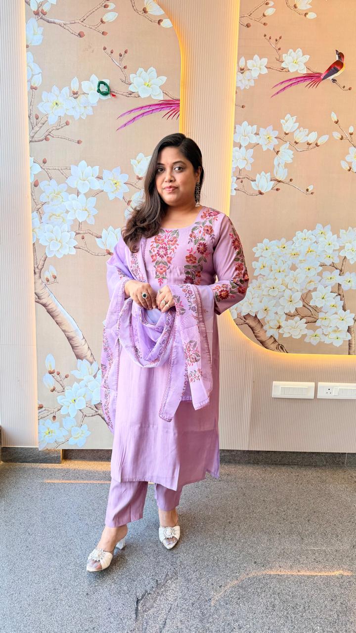 Fully embroidered sleeves , back n neck in purple Modale suit set