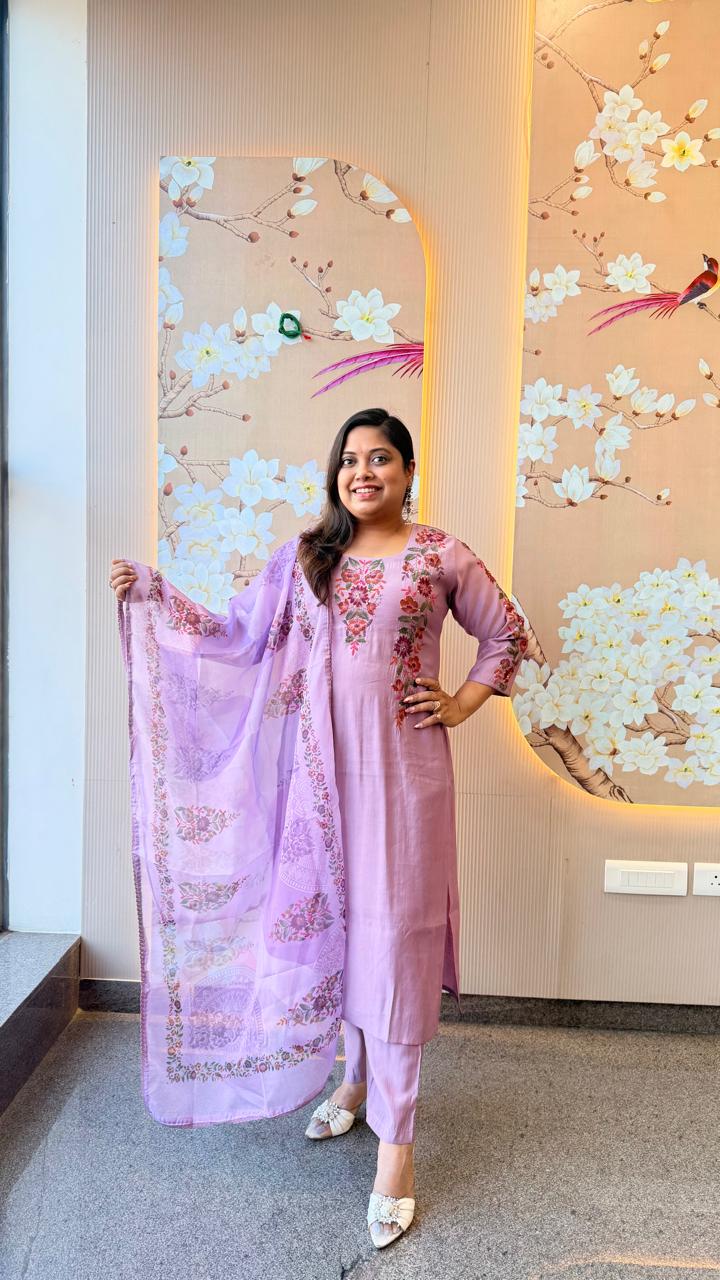 Fully embroidered sleeves , back n neck in purple Modale suit set