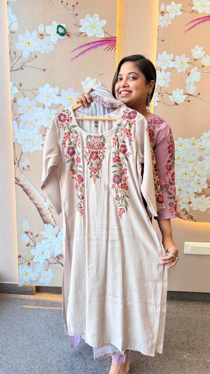 Fully embroidered sleeves , back n neck in grey Modale suit set