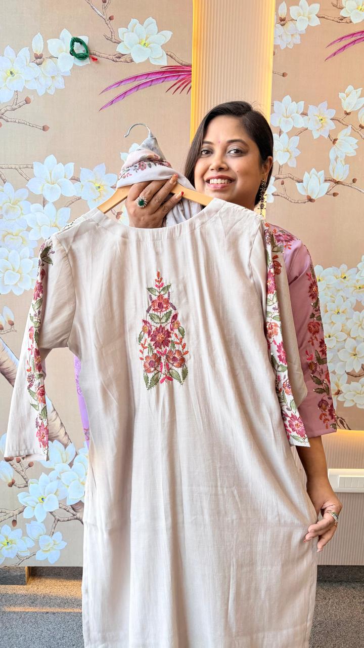 Fully embroidered sleeves , back n neck in grey Modale suit set