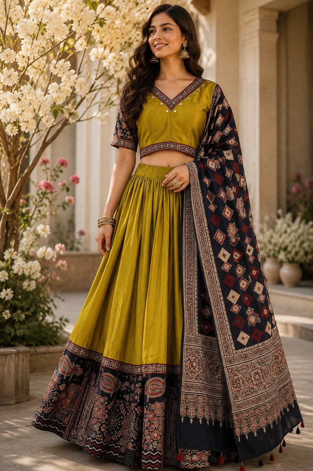 Super pretty ajrakh real mirror skirt / lehenga set in cotton in yellow